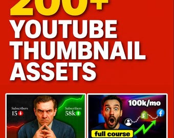 May include: A red graphic with the text "200+ YOUTUBE THUMBNAIL ASSETS". The image includes six premade thumbnail examples, showcasing various themes and designs, with text and graphics.