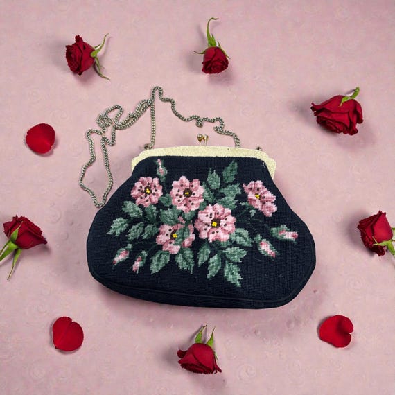 Vintage Needlepoint Purse | Floral Needlepoint Bag | Pink Rose Needlepoint