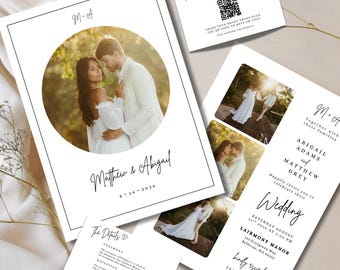 エレガントでミニマリストな結婚式招待状セット Canva デジタルダウンロード カスタム写真 Save the Date