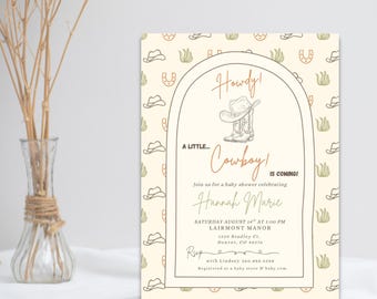 素朴なカウボーイ風ベビーシャワー招待状テンプレート：編集可能なウエスタンロデオ（デジタルダウンロード）