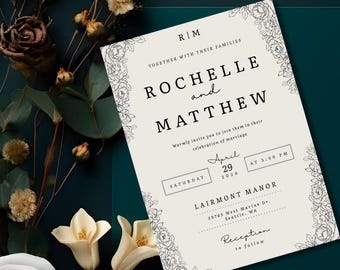 デジタル結婚式招待状テンプレート • エレガントでミニマリストな印刷可能 • 編集可能な Canva 即時ダウンロード。