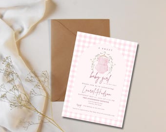 ピンクギンガムチェックのベビーシャワー招待状：編集可能なCanvaテンプレート（デジタルダウンロード）
