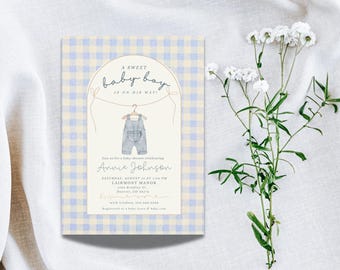ヴィンテージブルーギンガムチェックのベビーシャワー招待状テンプレート（男の子用）デジタルダウンロード・Canvaで編集