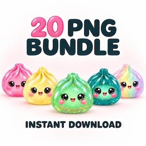 Könnte beinhalten: Eine digitale Grafik mit dem Text 20 PNG BUNDLE und INSTANT DOWNLOAD, begleitet von fünf glänzenden, glitzernden Cartoon-Knödel-Figuren in Pink, Gelb, Grün, Türkis und Regenbogenfarben, jeweils mit großen Augen und einem lächelnden Gesicht.