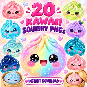Könnte beinhalten: Eine digitale Sammlung von 20 bunten, glitzernden und glänzenden knödelartigen Charakteren mit großen ausdrucksstarken Augen und lächelnden Gesichtern. Der Text lautet 20 KAWAII SQUISHY PNGS und INSTANT DOWNLOAD, umgeben von kleinen Herzen und Sternen.