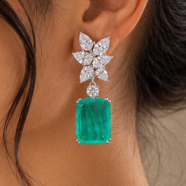 Green Aquamarine Drop Earrings, Moissanite Diamond Earrings, Emerald Dangle Earring, Statement Bridal Jewelry