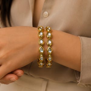 Kundan Bangles Polki Jewelry Sabyasachi Inspired Uncut Kundan Indian Gold Plated Traditional Kada Bracelet