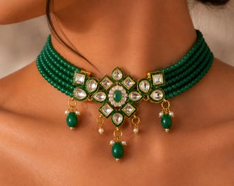 Green Kundan necklace Set, Emerald Beaded Necklace, Indian Bridal jewelry, Gold Plated Statement Necklaces