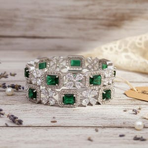 Emerald Cut Green CZ Bracelet | White Gold Plated Link Bracelet