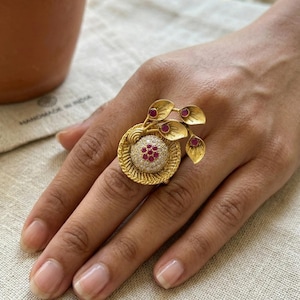 Handmade Victorian Ruby Ring, Gold Plated Floral Statement Jewelry, Adjustable Leaf Cocktail Accessory for Women, Ethnic Indian Bridal Gift