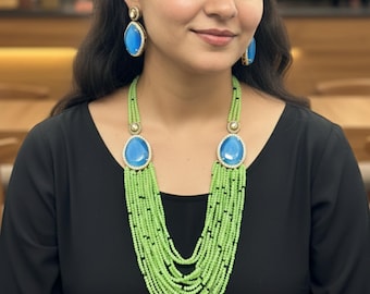 Kundan Polki Rani Haar Set | Mint Green Onyx Beads | Long Bridal Mala | Indian Wedding Necklace Earrings