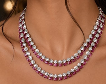 Pink Ruby CZ Necklace Set | Double Layer Pave Bridal Choker & Drop Earrings | Indian Wedding Jewelry