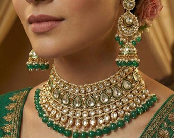 Golden Tone Emerald Green Kundan Choker Set, Uncut Polki Pachi Bridal Jewelry