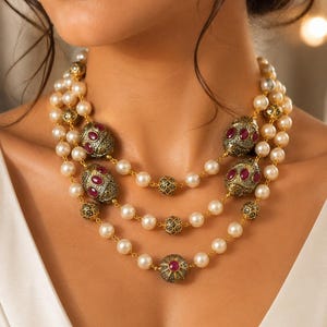 Große Perlen Halskette Set, Rubin Perlen Halskette, 3-Schicht-Schicht Halskette, Vergoldeter indischer Schmuck