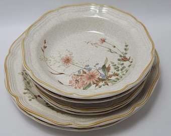 Set di stoviglie in gres Mikasa Field Bouquet, composto da piatti e ciotole con decorazione floreale a margherite, collezione Garden Club fuori produzione.