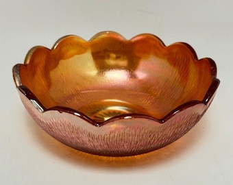 Vintage Jeanette Schale aus irisierendem orange-goldenem Karnevalsglas mit gewelltem Rand