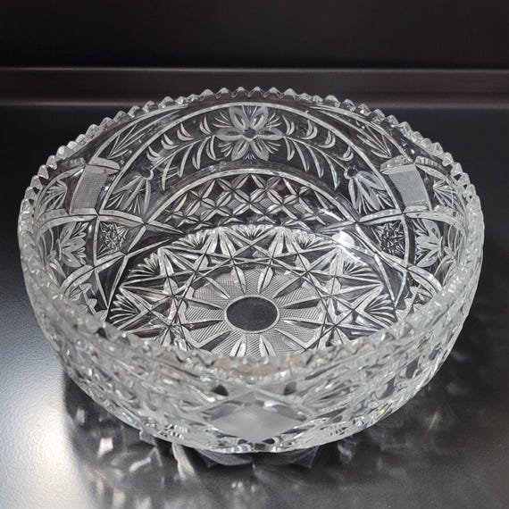 Vintage Imperlux Crystal Bowl – Heavy 24% Lead Crystal Serving Dish, Etched Floral, Scalloped Rim