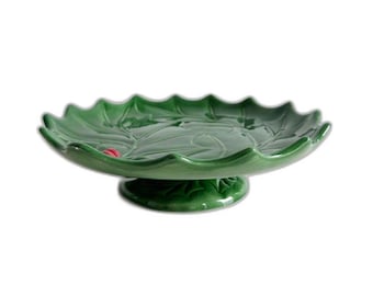 Vintage Holland Mold Green Holly Leaves & Berries Christmas Pedestal Candy Dish