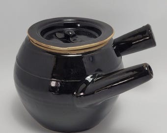 Vintage Japanese Yokode Kyusu Teapot, 1940s Black Stoneware Herbal Medicine Pot