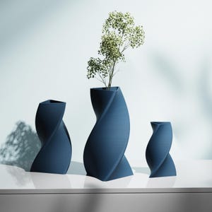 May include: Three navy blue, twisted-design vases of varying sizes. The largest vase holds a small, leafy plant. The vases have a modern, sculptural aesthetic, suitable for home decor. The vases are displayed on a white surface against a light blue background.