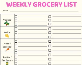 Könnte beinhalten: Eine wöchentliche Einkaufslisten-Vorlage mit cremefarbenem Hintergrund und rosa Text. Der Titel "WEEKLY GROCERY LIST" steht oben. Kategorien sind Produkte, Milchprodukte, Fleisch & Meeresfrüchte und Speisekammer/Trockenwaren.