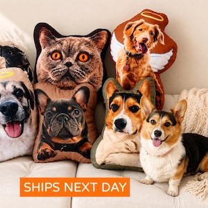 K&ouml;nnte beinhalten: Eine Sammlung von Kissen mit Tiermotiven, die realistische Bilder von Hunden und einer Katze zeigen. Die Kissen haben verschiedene Formen und Gr&ouml;&szlig;en, mit detaillierten Gesichtsz&uuml;gen und Ausdr&uuml;cken. Der Text "SHIPS NEXT DAY" ist sichtbar.