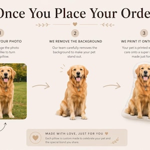 K&ouml;nnte beinhalten: Infografik, die den Prozess der Umwandlung eines Haustierfotos in ein individuelles Kissen zeigt. Die Schritte umfassen das Senden eines Fotos, das Entfernen des Hintergrunds und das Bedrucken eines Kissens. Ein Golden Retriever ist abgebildet.