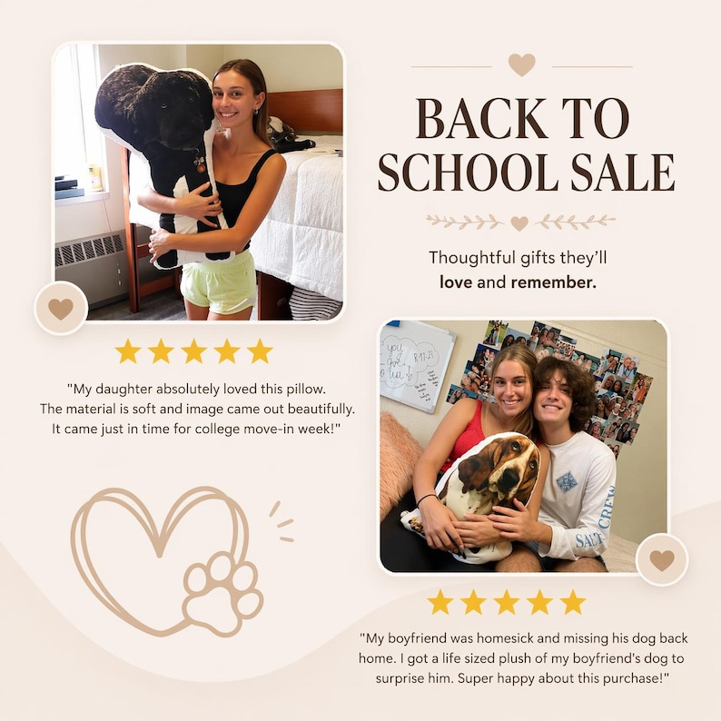 K&ouml;nnte beinhalten: Werbebild f&uuml;r einen Back-to-School-Sale mit zwei Fotos von Personen mit individuellen Hundekissen. Der Text lautet: &bdquo;Nachdenkliche Geschenke, die sie lieben und an die sie sich erinnern werden.&ldquo;