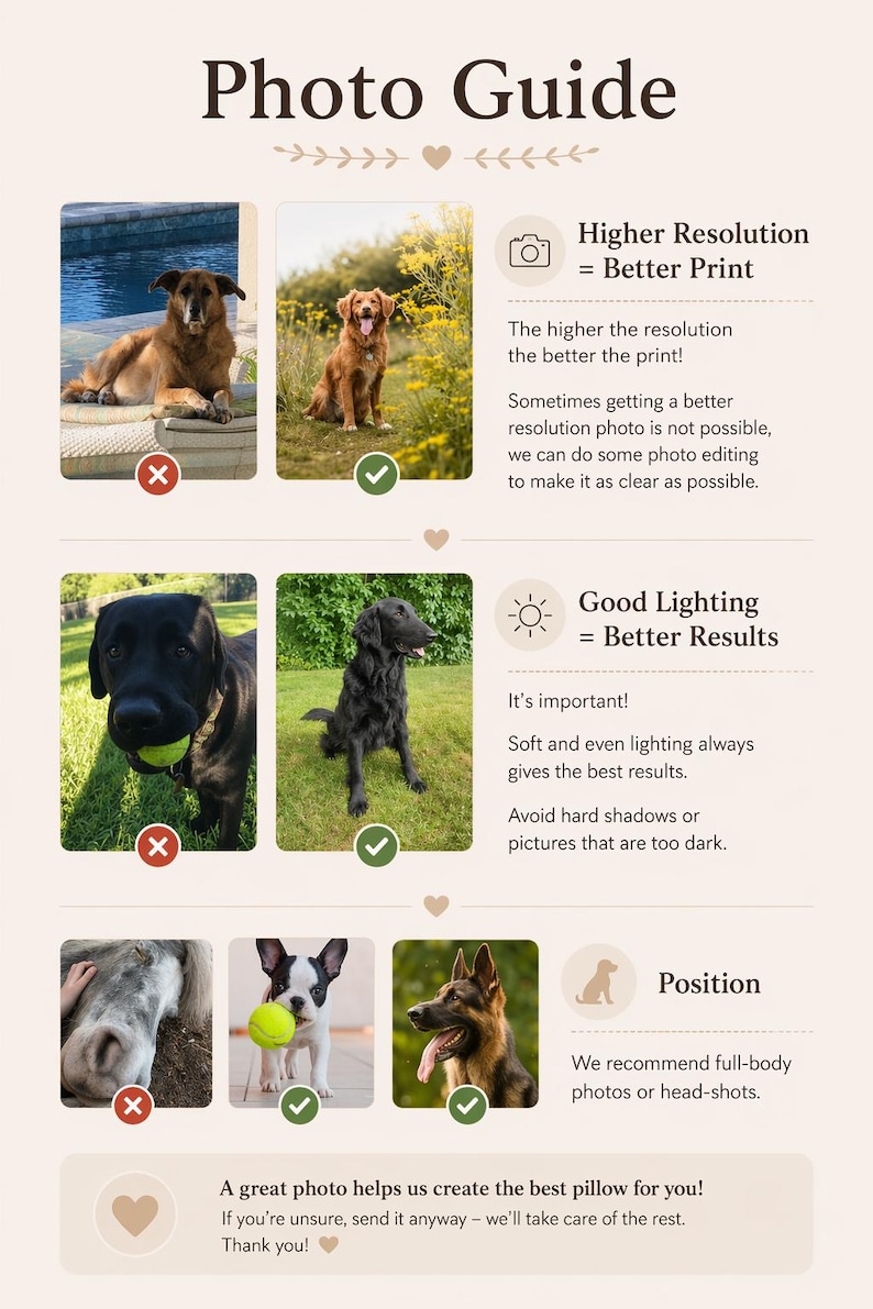 K&ouml;nnte beinhalten: Ein beigefarbenes Grafik mit dem Titel "Foto-Leitfaden" und Beispielen f&uuml;r gute und schlechte Fotos. Der Leitfaden enth&auml;lt Tipps zu Aufl&ouml;sung, Beleuchtung und Fotoposition f&uuml;r das beste Kissen.