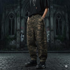 May include: Camouflage print pants in shades of brown and green. The pants have a relaxed fit and are paired with black boots. The image is set against a backdrop of a gothic building and a rainy street.