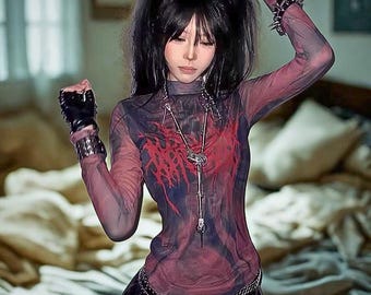 Gothic Punk Y2K Tee, Grunge V-Neck Top, Harajuku Streetwear Goth Emo Alt