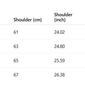 May include: A clothing size table with measurements in centimeters and inches. The table includes Asian sizes S, M, L, and XL, with corresponding chest, shoulder, sleeve, and length measurements. The chest measurements range from 48.03 inches to 51.97 inches.