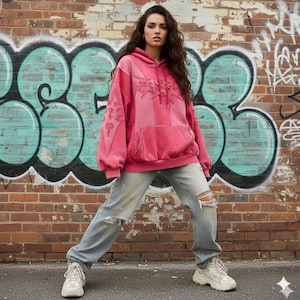 May include: A woman wearing a pink hoodie with embroidered details and light blue ripped jeans. The hoodie has a kangaroo pocket and a drawstring hood. The woman is wearing white sneakers. The background is a brick wall with graffiti.