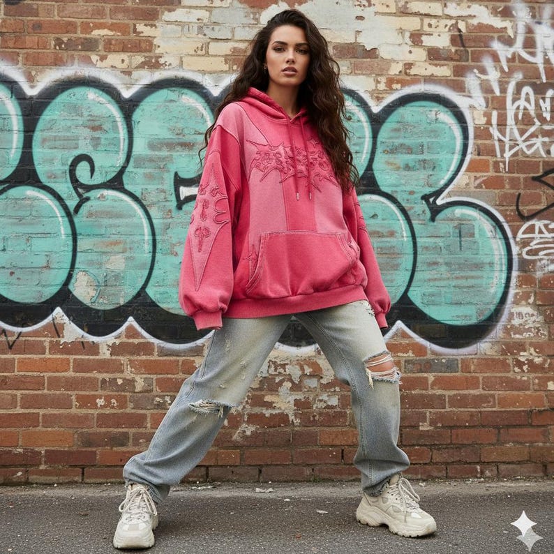 May include: A woman wearing a pink hoodie with embroidered details and light blue ripped jeans. The hoodie has a kangaroo pocket and a drawstring hood. The woman is wearing white sneakers. The background is a brick wall with graffiti.