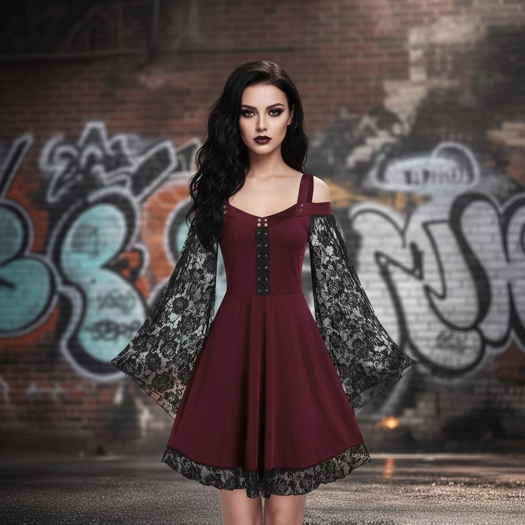 Burgundy Dress With Lace Sleeves
