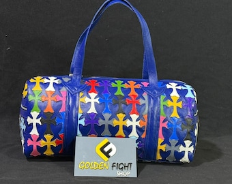 Op maat gemaakte leren reistas met chromen hartkruis, handgemaakte weekendtas, sporttas, vakantietas, reistas, tas voor bokshandschoenen, blauw
