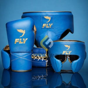 Könnte beinhalten: Ein Set blauer Boxausrüstung, einschließlich Handschuhen, Kopfschutz und Tiefschutz. Die Ausrüstung hat goldene Verzierungen und das Wort "FLY" mit einem goldenen Vogellogo. Die Handschuhe sind mit weißen Schnürsenkeln geschnürt.
