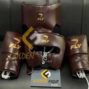 May include: A set of boxing equipment in a dark brown color. The set includes a head guard, a chest protector, and two boxing gloves. Each piece has the word "FLY" and a logo printed on it. A sign that says "GOLDEN FIGHT SHOP" is at the bottom.