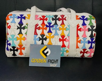 New Custom Chrome Heart cross Leather Duffle Bag HandmadeWeekender Gym Bag Vacation Duffel Bag Travel Bag Carry bag white Color