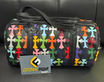 New Custom Chrome Heart cross Leather Duffle Bag HandmadeWeekender Gym Bag Vacation Duffel Bag Travel Bag Carry bag