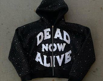 New Black Zipper hoodie High Quality Hoodie For mens with Rhinestones And Distress Embroidery Hoodie