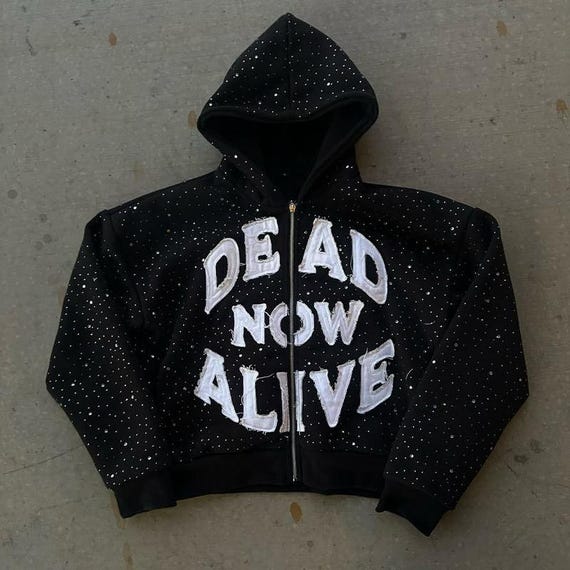 New Black Zipper hoodie High Quality Hoodie For mens with Rhinestones And Distress Embroidery Hoodie