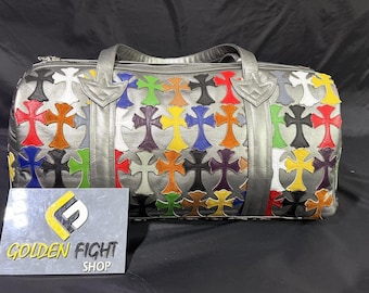 New Custom Chrome Heart cross Leather Duffle Bag HandmadeWeekender Gym Bag Vacation Duffel Bag Travel Bag Boxing Gloves Bag