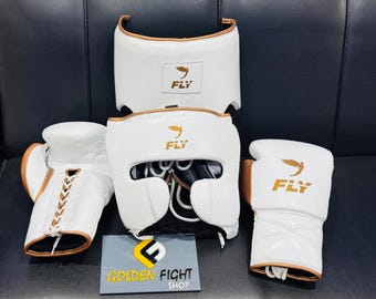 New White Fly Boxing Gloves Set Sparring Kit Head Gear Training Equipment