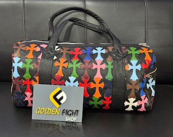 New Custom Chrome Heart cross Leather Duffle Bag HandmadeWeekender Gym Bag Vacation Duffel Bag Travel Bag Boxing Gloves Bag