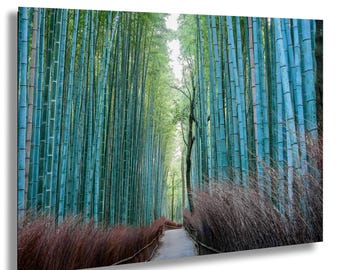 May include: A photograph of a bamboo forest with tall, green bamboo stalks creating a tunnel effect. A pathway leads through the center, with brown grasses lining the sides. The sky is visible at the end of the path.