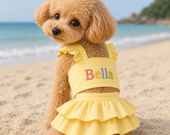 Personalized Dog Dress, Custom Name Embroidered Pet Dress, Cotton Puppy Dress with Bow, Girl Dog Birthday Outfit