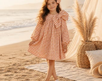 Girls Gingham Long Sleeve Dress, Ruffle Collar Bow Dress, Toddler Boutique Outfit, Kids Fall Dress, Birthday and Holiday Outfit