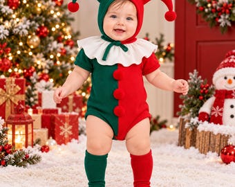 Baby Christmas Jester Costume, Funny Clown Romper, Toddler Harlequin Outfit, Cute Baby Holiday Bodysuit, First Christmas Photo Outfit