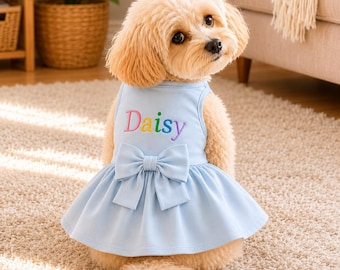 Vestido personalizado para perro, vestido para mascota con nombre bordado personalizado, vestido de algodón para cachorro con lazo, conjunto de cumpleaños para perrita.